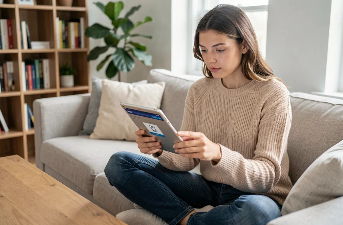Salariée consultant son espace CSE Arval depuis son domicile sur tablette
