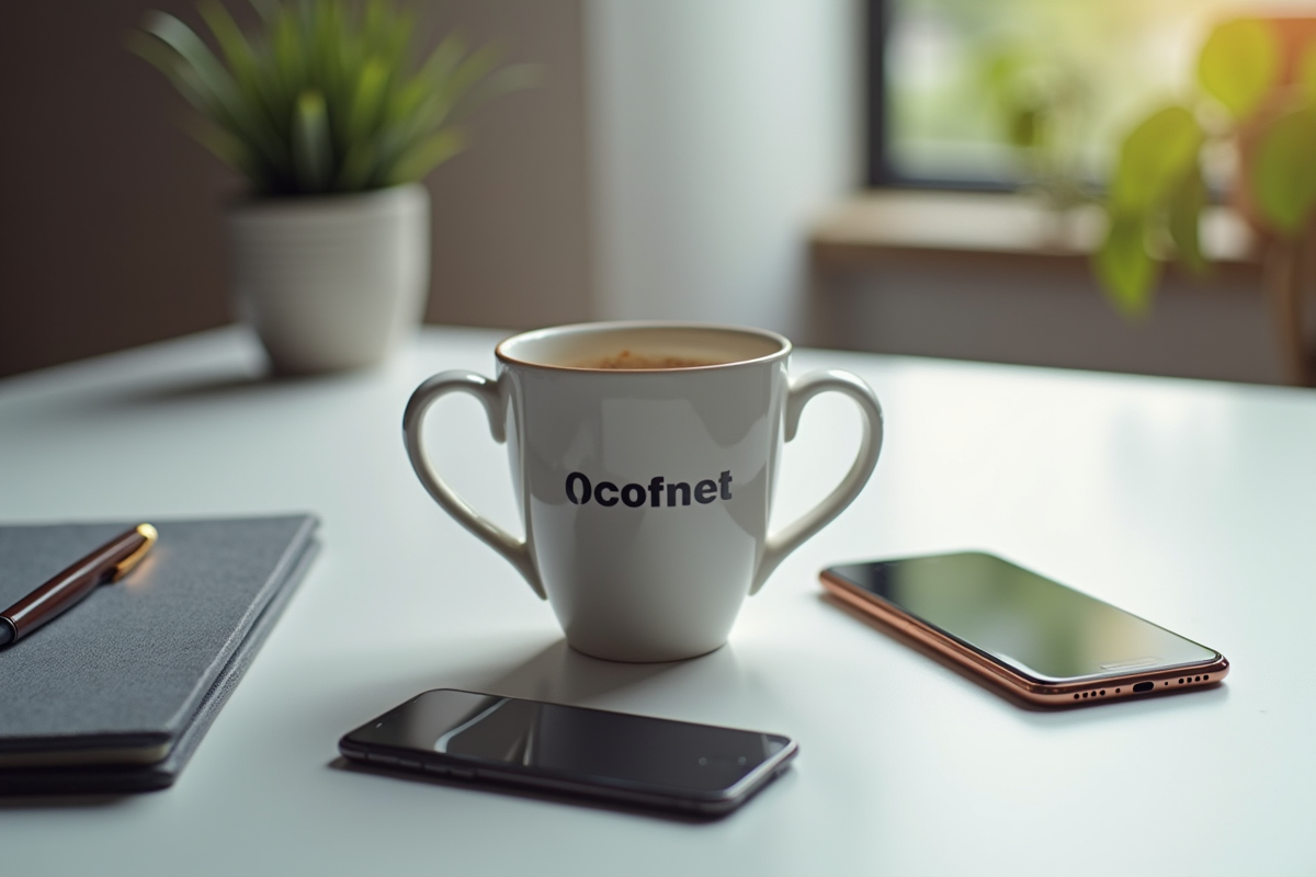 Tasse à café marque smartphone et carnet sur bureau lumineux