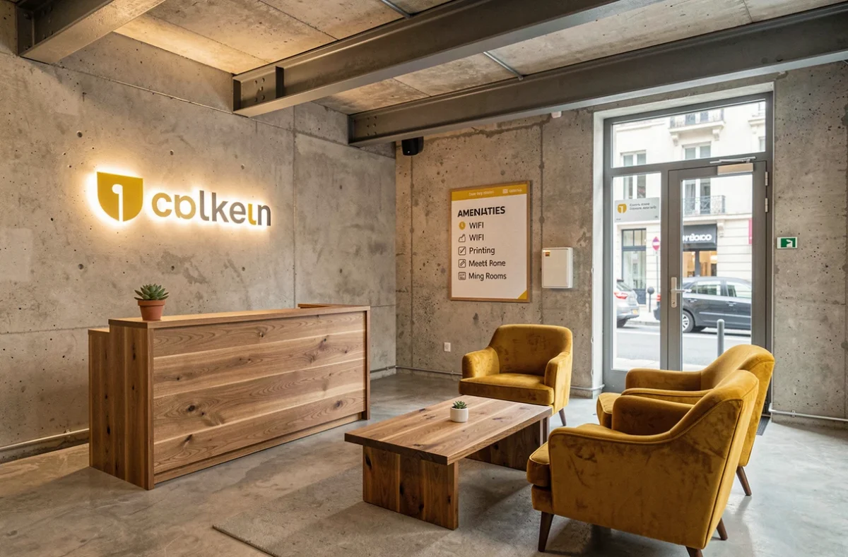 Accueil et espace d'attente d'un coworking moderne dans un bâtiment industriel réhabilité à Bourgoin-Jallieu