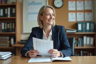 Administratrice scolaire souriante avec calendriers de paie