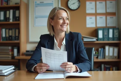 Administratrice scolaire souriante avec calendriers de paie
