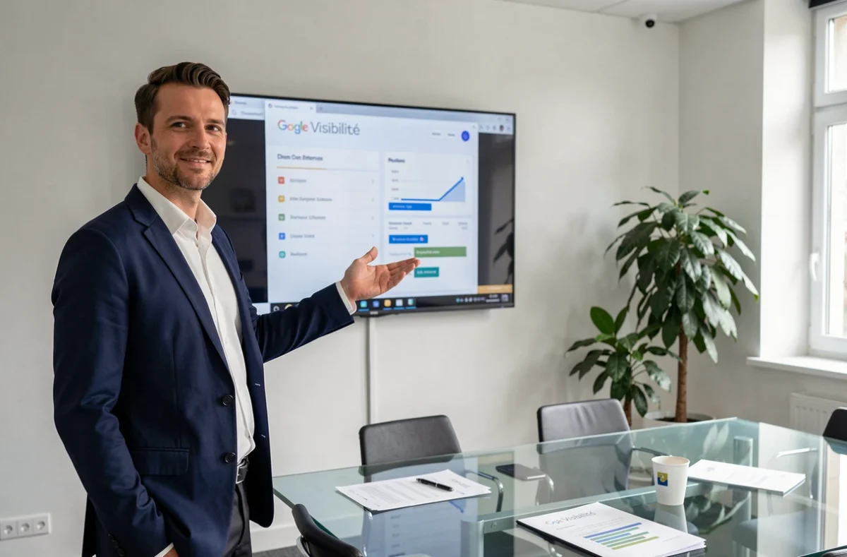 Consultant de l'agence Cap Visibilité présentant une stratégie Google Ads dans une salle de réunion professionnelle