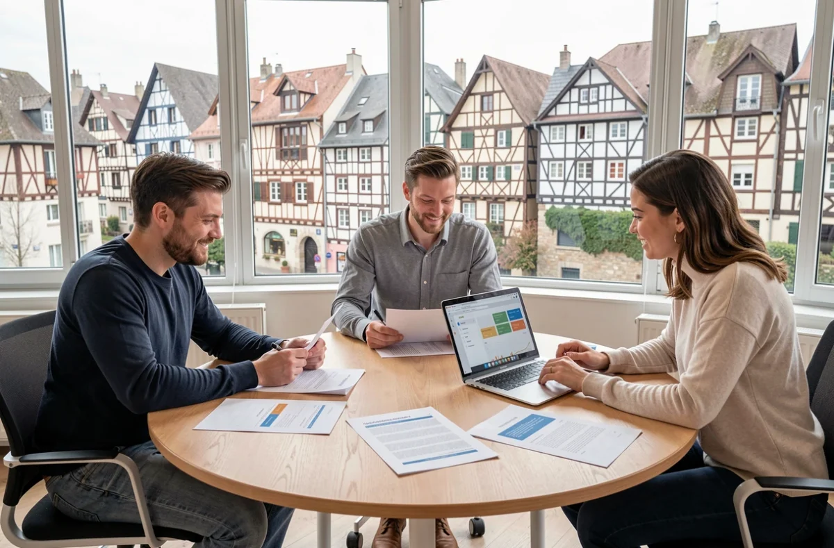 Équipe de l'agence Prospectiv à Colmar en réunion de stratégie de communication globale avec vue sur la ville alsacienne