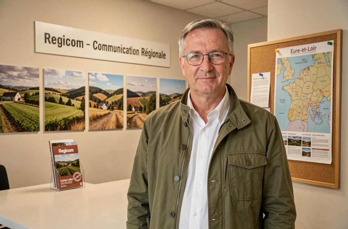 Directeur régional de Regicom devant la signalétique de l'agence de communication avec une carte de l'Eure-et-Loir en arrière-plan