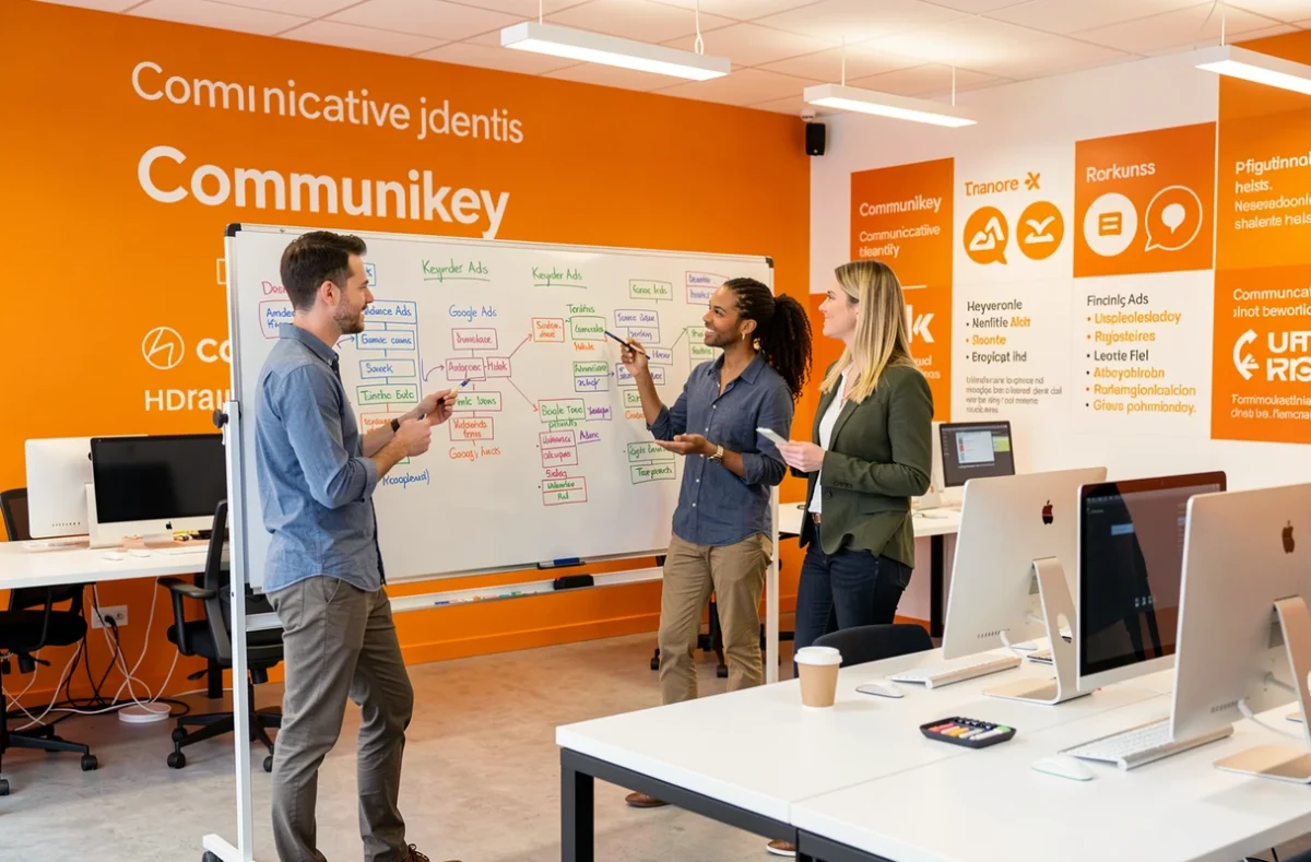Équipe de l'agence Communikey en session de brainstorming sur une stratégie Google Ads devant un tableau blanc