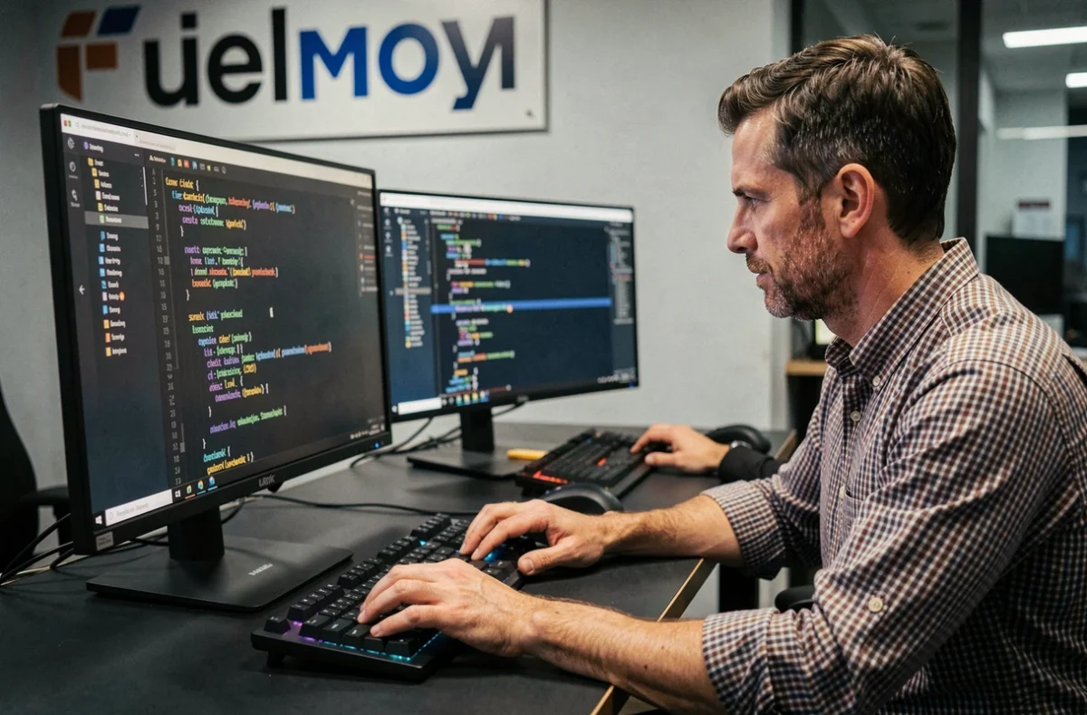 Développeur de l'Agence de Développement Web dans l'Ain codant un site internet sur son poste de travail