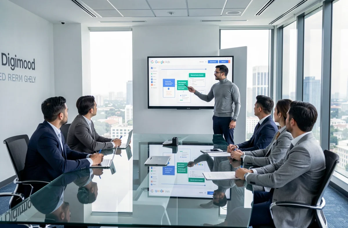 Manager SEA de l'agence Digimood présentant une stratégie Google Ads à son équipe dans une salle de réunion moderne