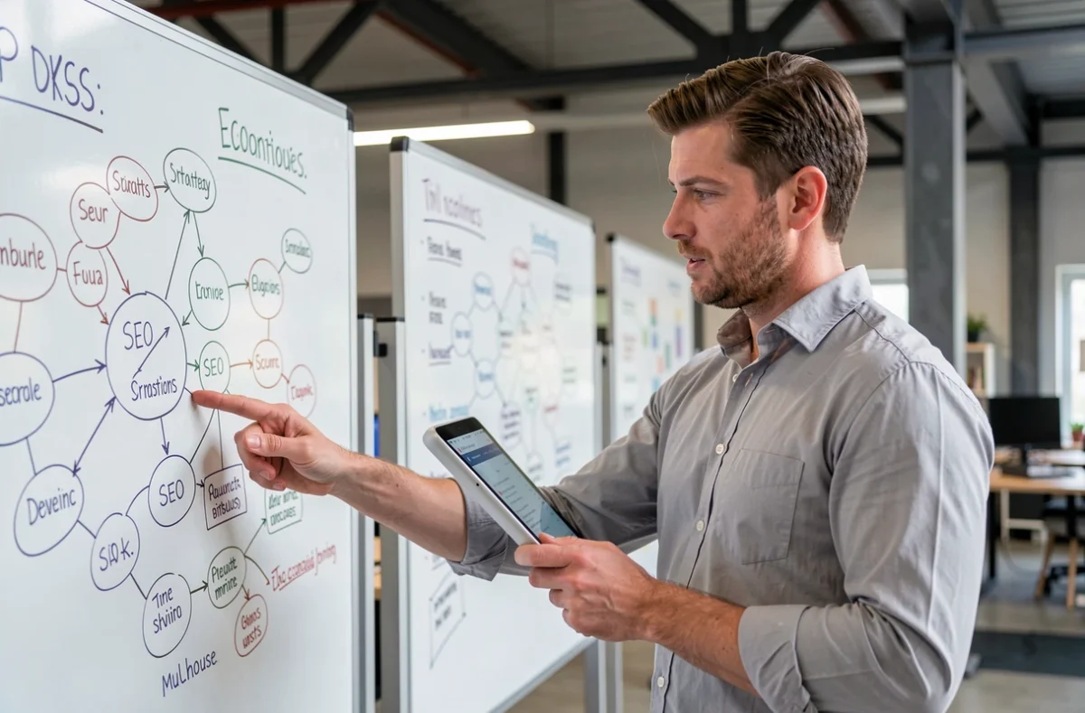 Chef de projet digital de l'agence Alsace Innovation à Mulhouse devant un tableau de stratégie SEO et digitale