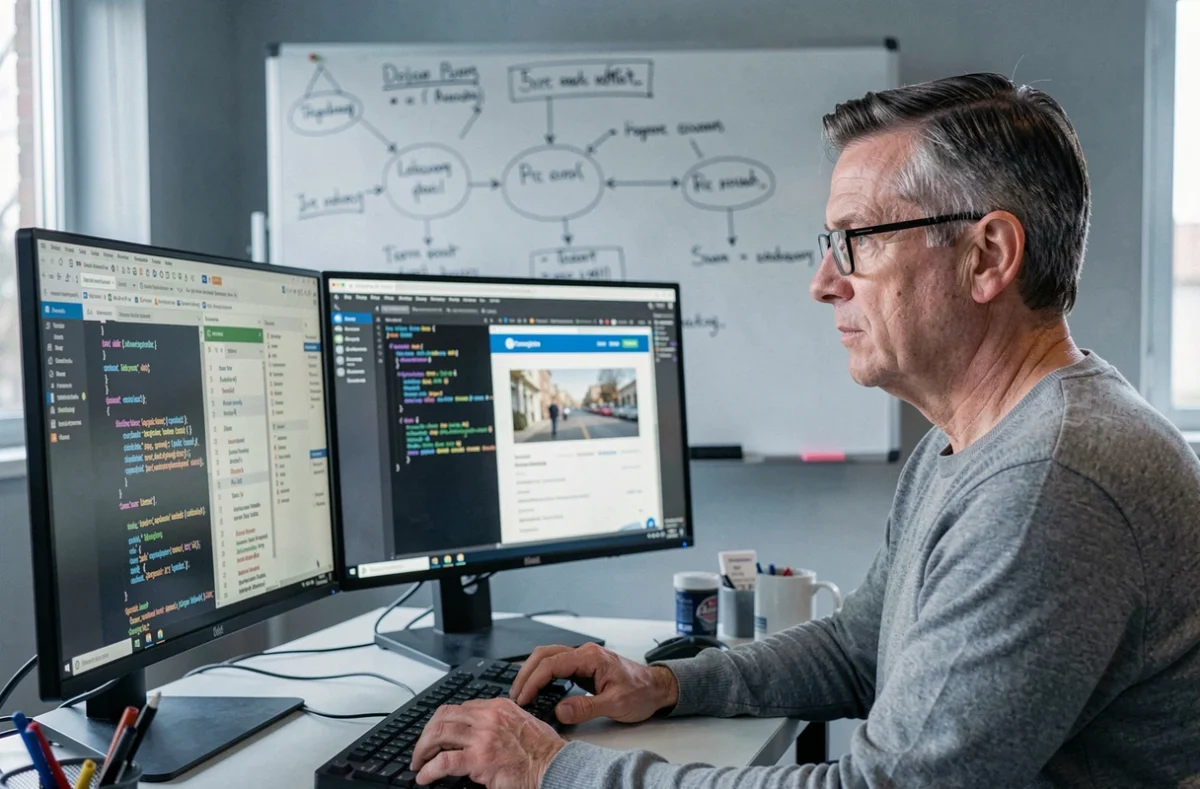 Développeur de l'agence e-Conception dans l'Ain codant un site internet sur un poste de travail technique