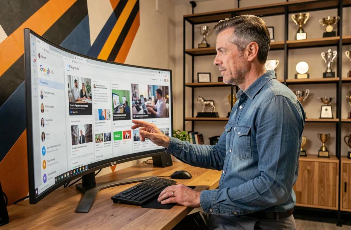 Directeur média de l'agence Ekko Media examinant une campagne Google Ads vidéo dans un studio créatif