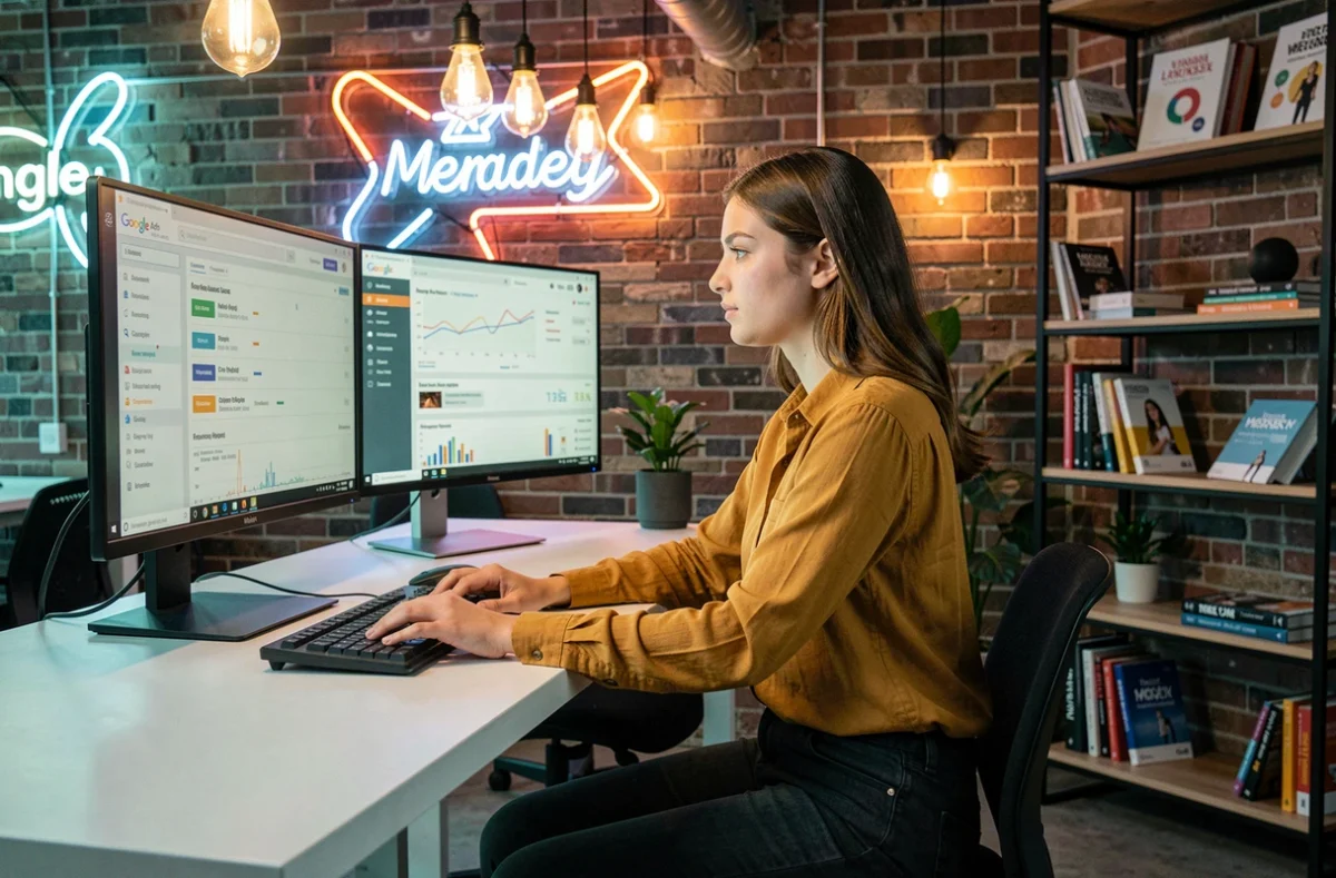 Stratège digitale de l'agence Exploseo analysant des campagnes Google Ads sur des écrans double moniteur
