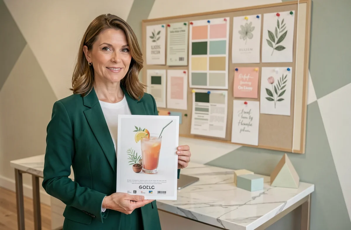 Directrice artistique de l'agence Gin Fizz présentant une maquette publicitaire devant un moodboard aux tons pastel et botaniques