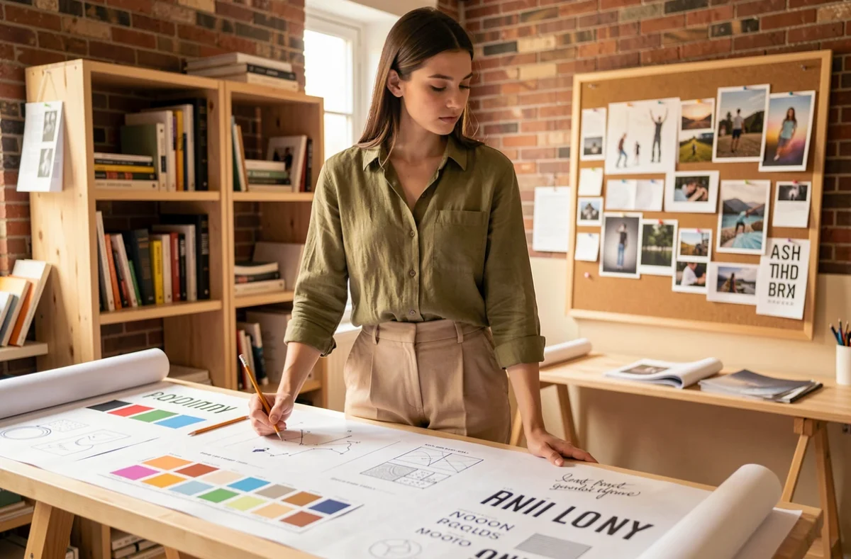 Designer graphique de l'agence Heave travaillant sur des maquettes de branding dans un studio créatif aux murs en brique