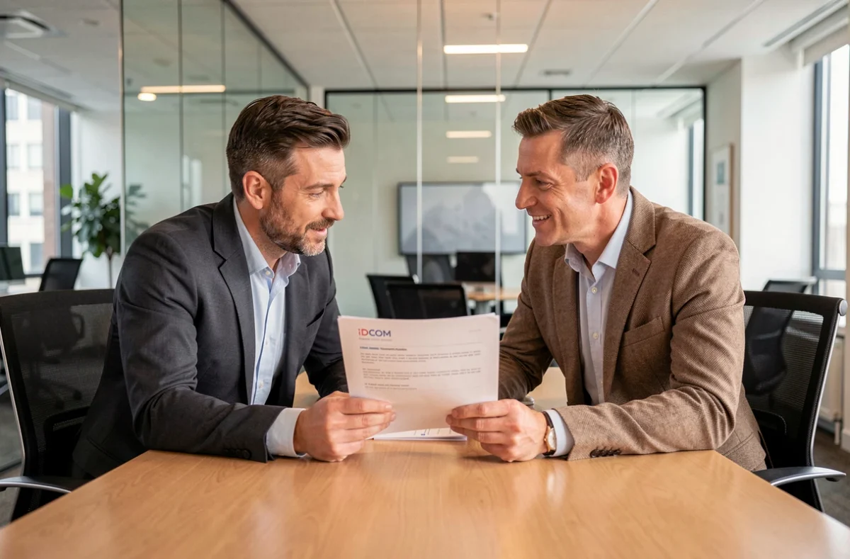 Équipe de l'agence IDCOM dans l'Ain présentant une proposition de site internet à un client