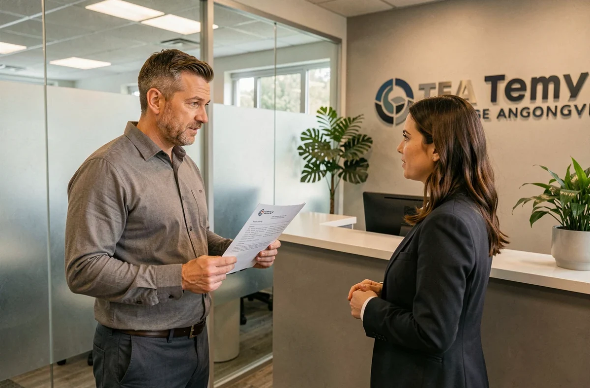 Homme en agence d'intérim consultant un conseiller RH au sujet de son contrat de travail temporaire et des cotisations patronales Urssaf