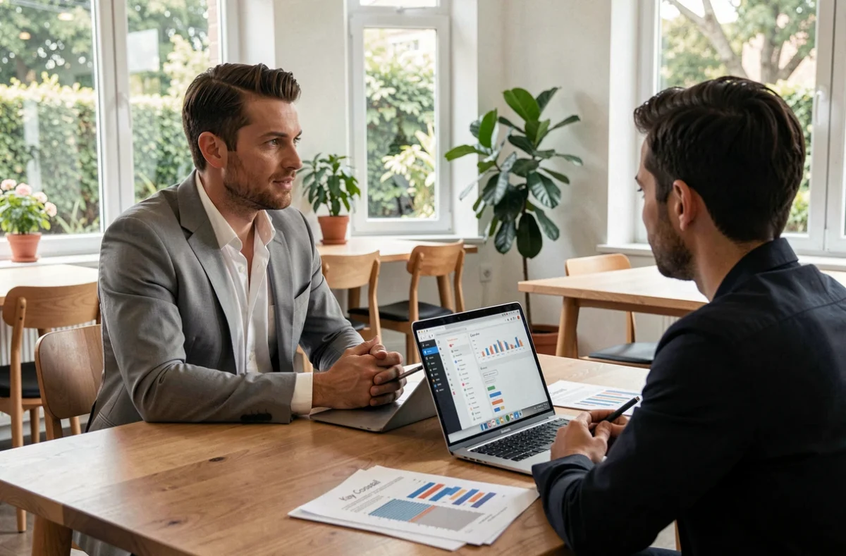 Consultant de Kay Conseil lors d'une session de conseil Google Ads avec un client dans un espace de coworking moderne
