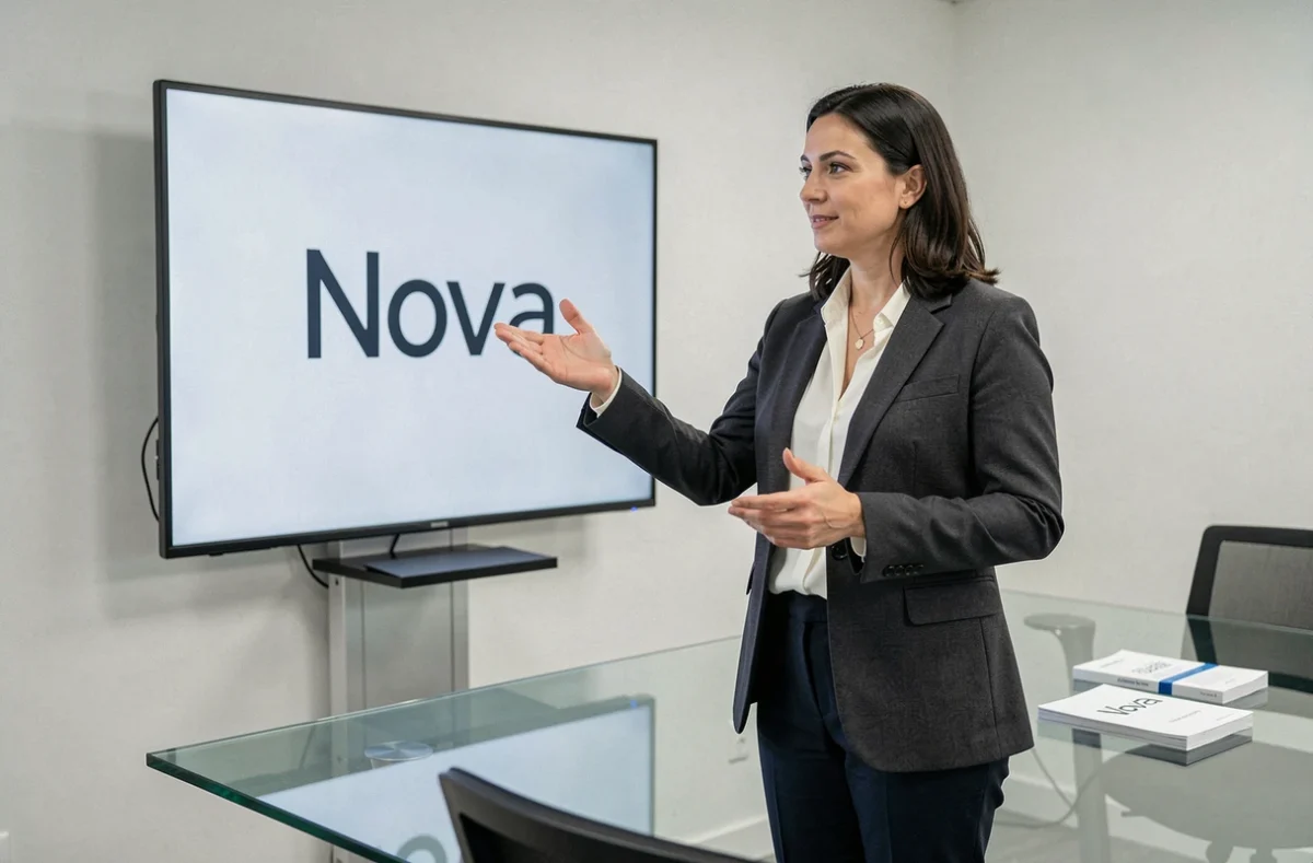 Directrice créative de l'agence Nova présentant une stratégie de communication dans une salle de réunion moderne