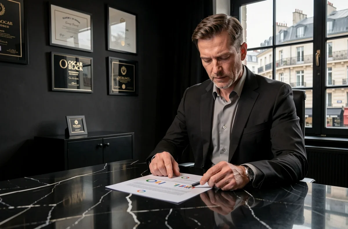 Directeur créatif de l'agence Oscar Black examinant un rapport Google Ads dans un bureau haut de gamme