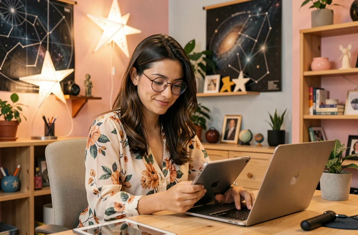 Consultante de l'agence Poussieresdetoiles travaillant sur des stratégies Google Ads dans un studio créatif décoré
