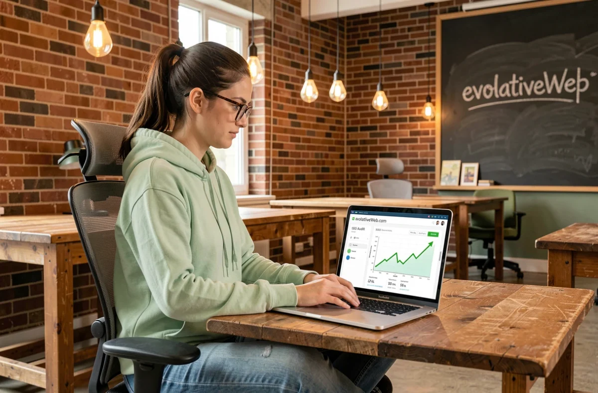 Développeuse web de evolutiveWeb.com analysant un audit SEO sur son ordinateur portable dans un espace de coworking