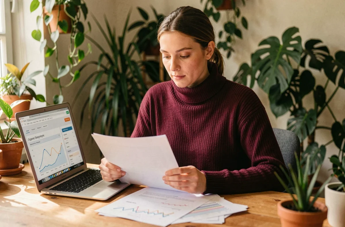 Consultante SEO de l'agence Gravinda dans le Haut-Rhin examinant un audit de référencement naturel dans son studio