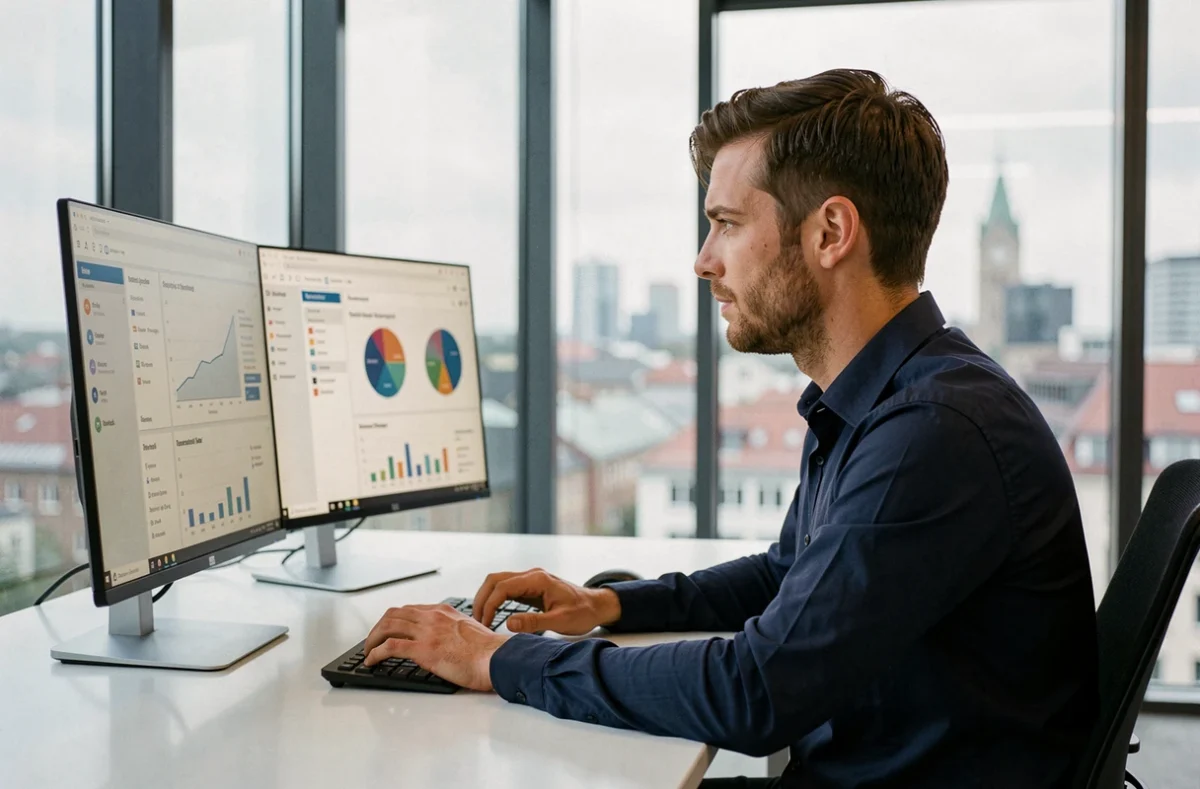 Stratégiste SEO masculin de l'agence Navio à Mulhouse analysant des rapports de performance sur ordinateur