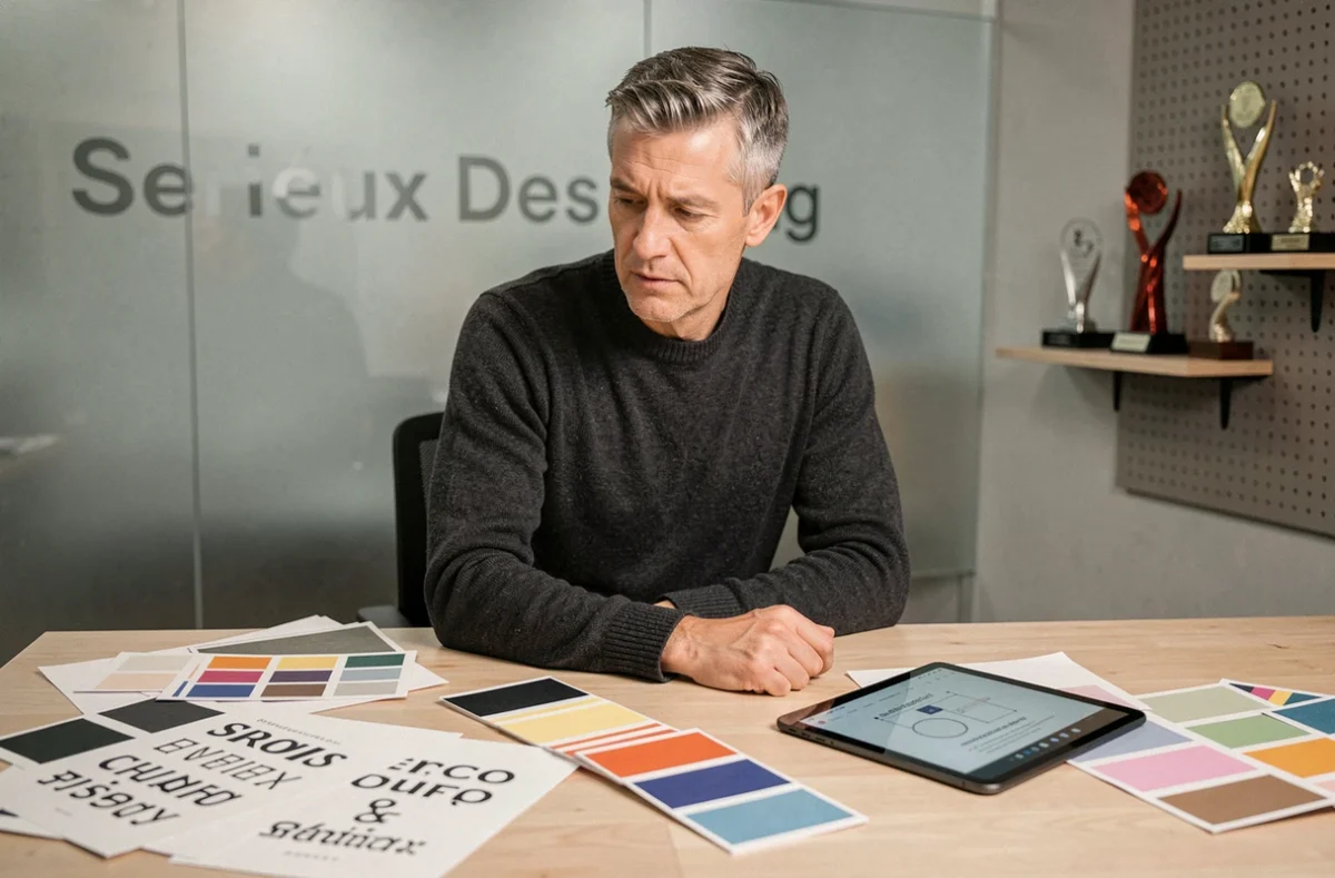 Designer et expert SEO de l'agence Sérieux Design travaillant sur une refonte de site web dans un studio minimaliste