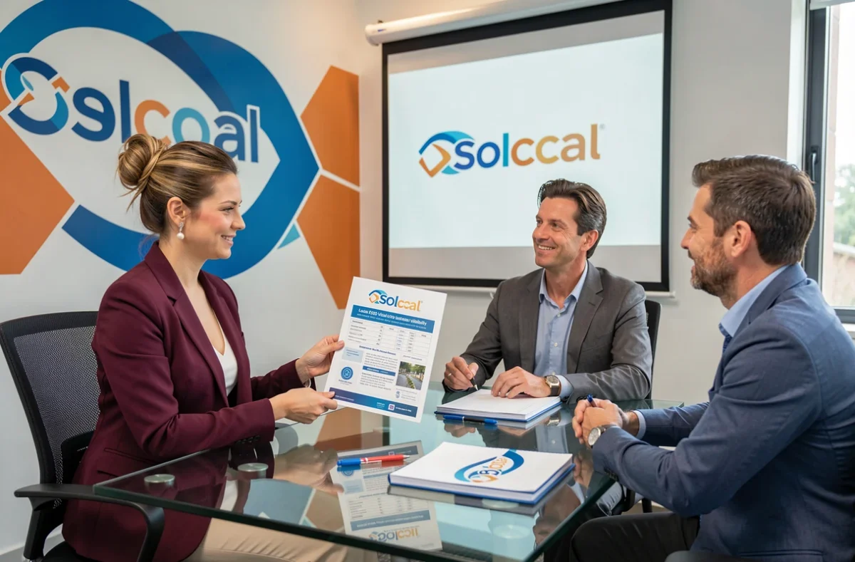 Chargée de compte Solocal présentant un rapport de référencement local à des clients entrepreneurs dans une salle de réunion de l'agence