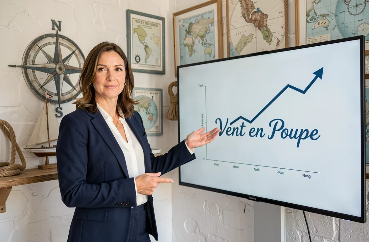 Consultante de l'agence SEO Vent en Poupe présentant des résultats de référencement naturel dans un bureau aux accents nautiques