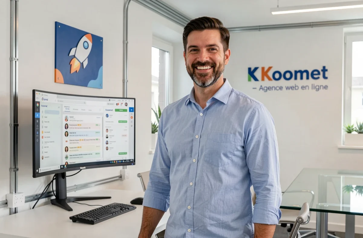 Chef de projet de l'agence Koomet en ligne présentant le tableau de bord web et SEO devant le branding de l'agence