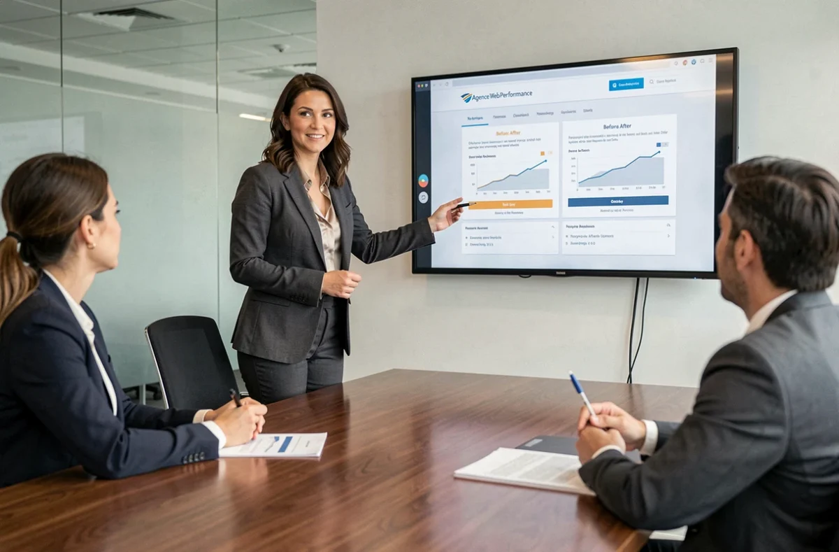 Consultante de l'Agence Web Performance dans l'Ain présentant les résultats d'optimisation d'un site internet