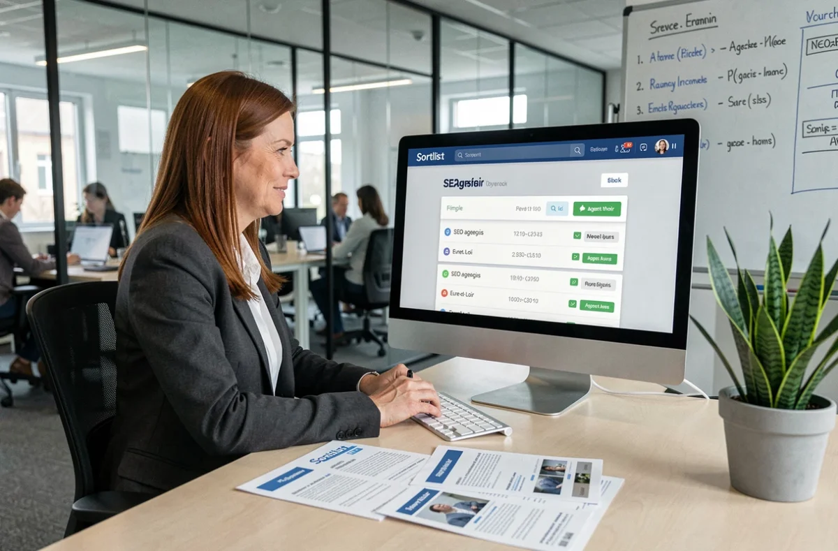 Professionnelle consultant le répertoire Sortlist des agences SEO référencées en Eure-et-Loir sur son ordinateur de bureau