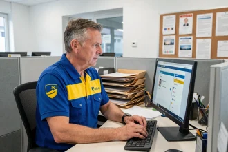 Agent La Poste en uniforme consultant le portail RH maboxrh sur ordinateur de bureau dans un bureau administratif