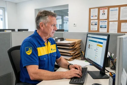 Agent La Poste en uniforme consultant le portail RH maboxrh sur ordinateur de bureau dans un bureau administratif