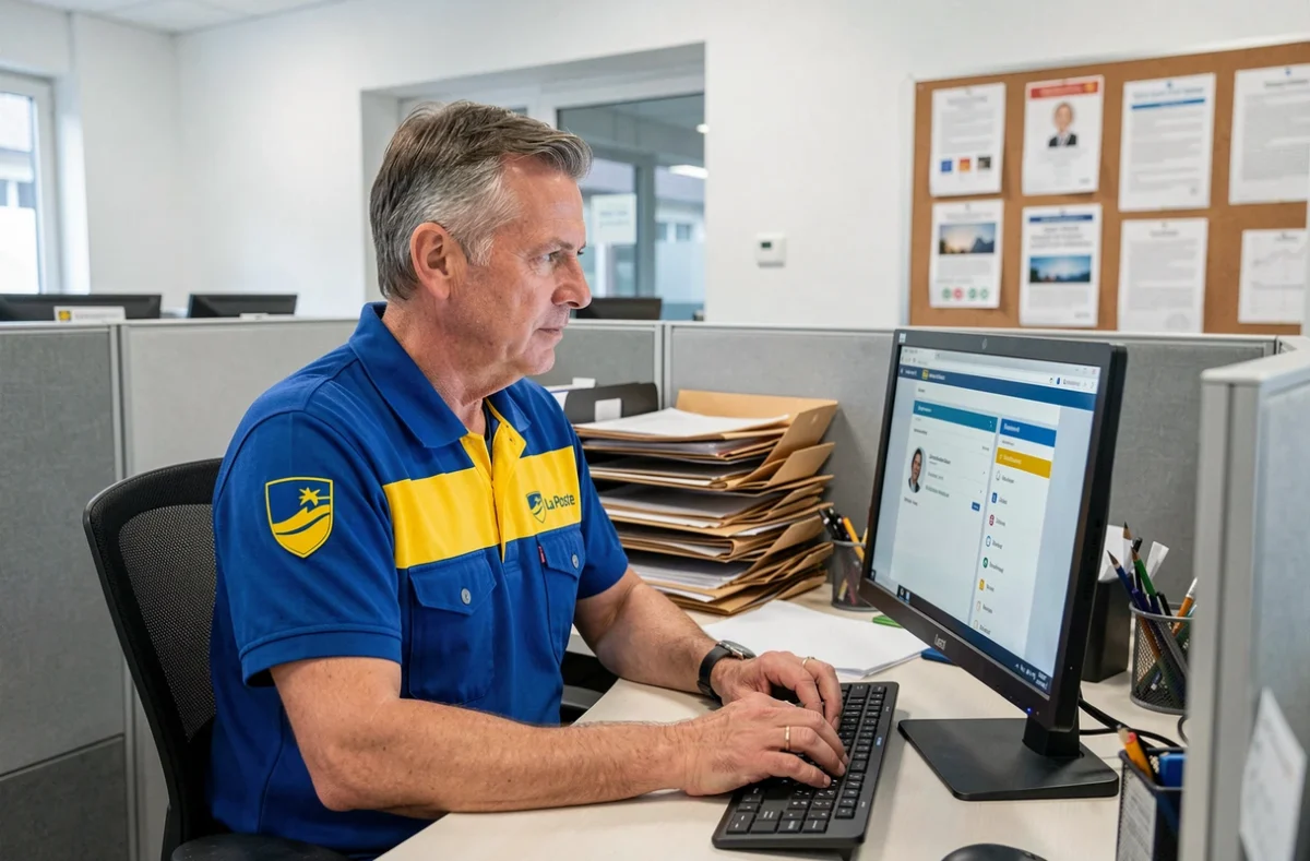 Agent La Poste en uniforme consultant le portail RH maboxrh sur ordinateur de bureau dans un bureau administratif