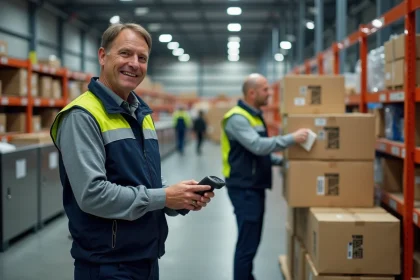 Agent logistique scannant un colis dans un hub anim&eacute;