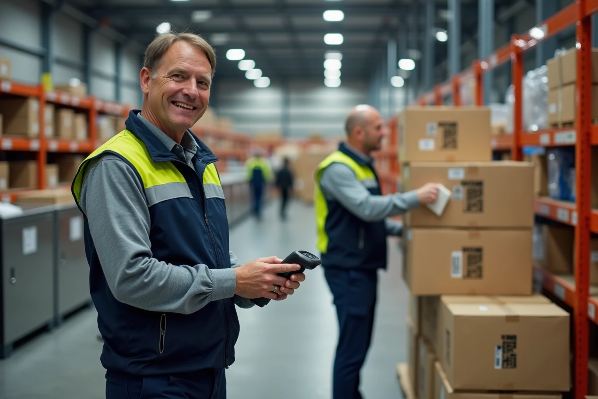 Agent logistique scannant un colis dans un hub animé