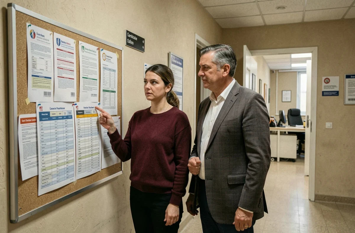 Deux agents de la fonction publique discutant discrètement d'une grille salariale affichée dans le couloir d'un bâtiment municipal français
