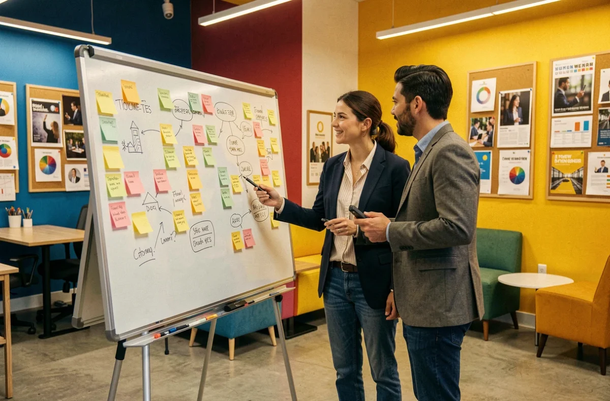Équipe d'Alterbuzz en séance de brainstorming devant un tableau blanc couvert de notes et de concepts de campagnes créatives
