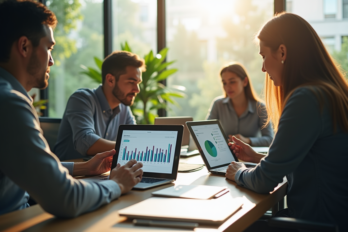 Groupe de professionnels analysant des données sur empreinte carbone