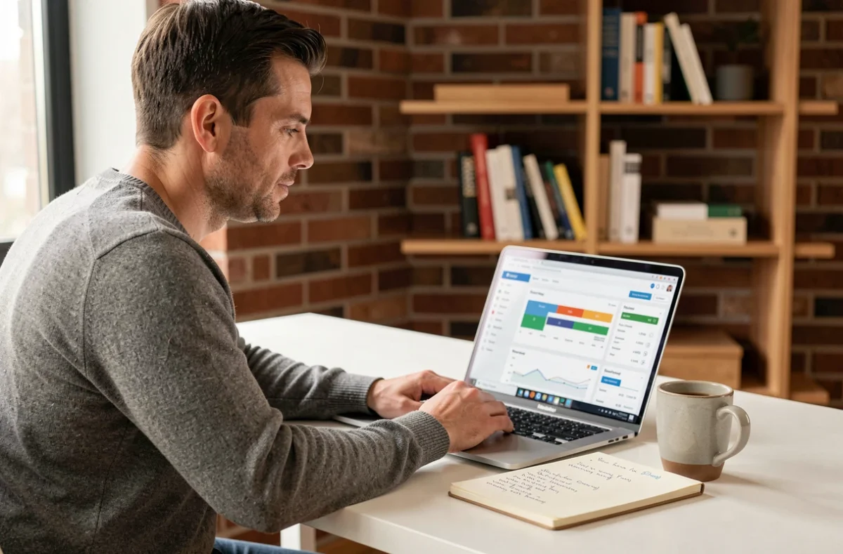 Homme analysant un entonnoir client sur un tableau de bord digital depuis son bureau à domicile