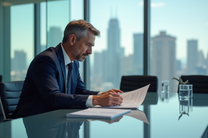 Analyste financier en costume dans une salle moderne