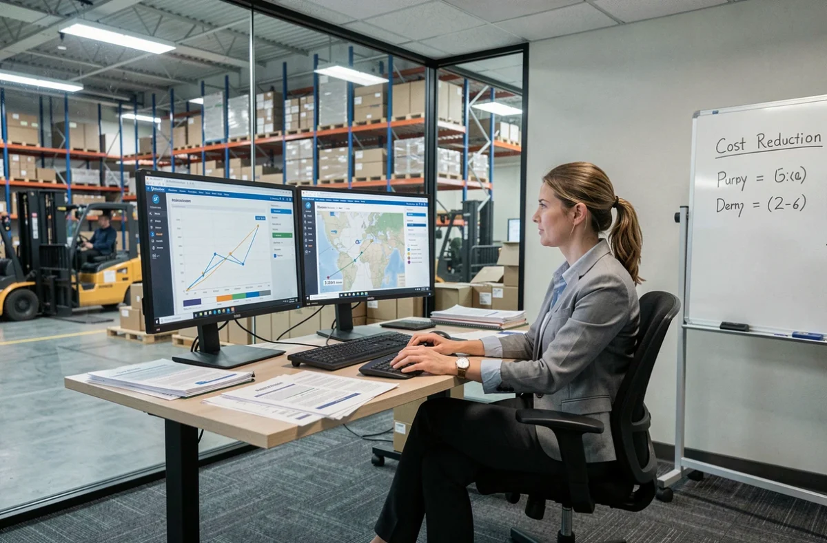 Analyste logistique féminine travaillant sur des tableaux de bord d'optimisation des coûts dans un bureau vitré donnant sur un entrepôt