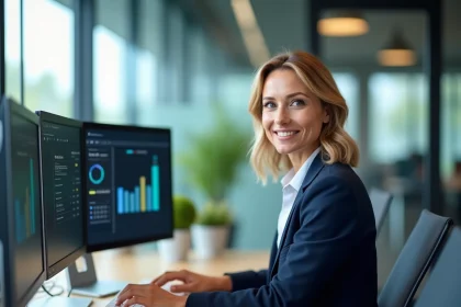 Analyste marketing en blazer marine examinant des tableaux de bord omnicanal sur plusieurs écrans dans un bureau moderne