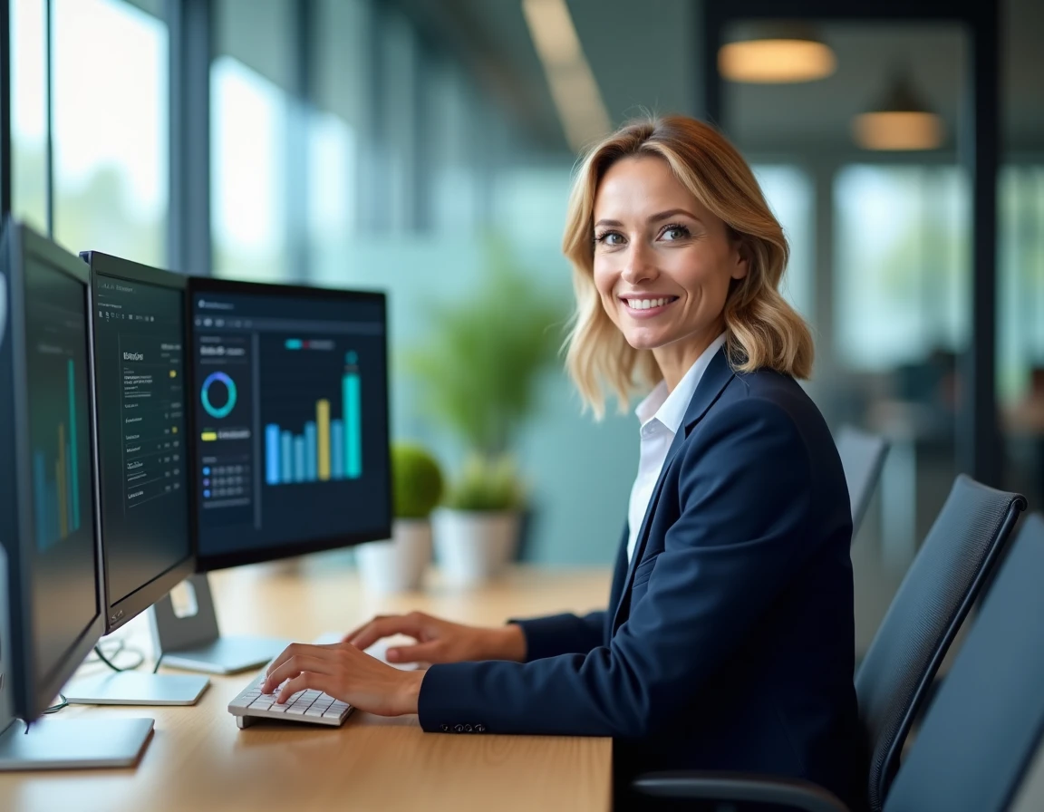 Analyste marketing en blazer marine examinant des tableaux de bord omnicanal sur plusieurs écrans dans un bureau moderne