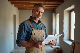 Artisan homme vérifiant un plan de rénovation dans une maison