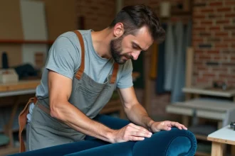 Artisan tapissier SOFFRAN cousant à la main un canapé en velours bleu dans un atelier indépendant, illustrant le savoir-faire artisanal face aux grandes enseignes