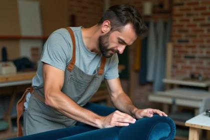 Artisan tapissier SOFFRAN cousant à la main un canapé en velours bleu dans un atelier indépendant, illustrant le savoir-faire artisanal face aux grandes enseignes
