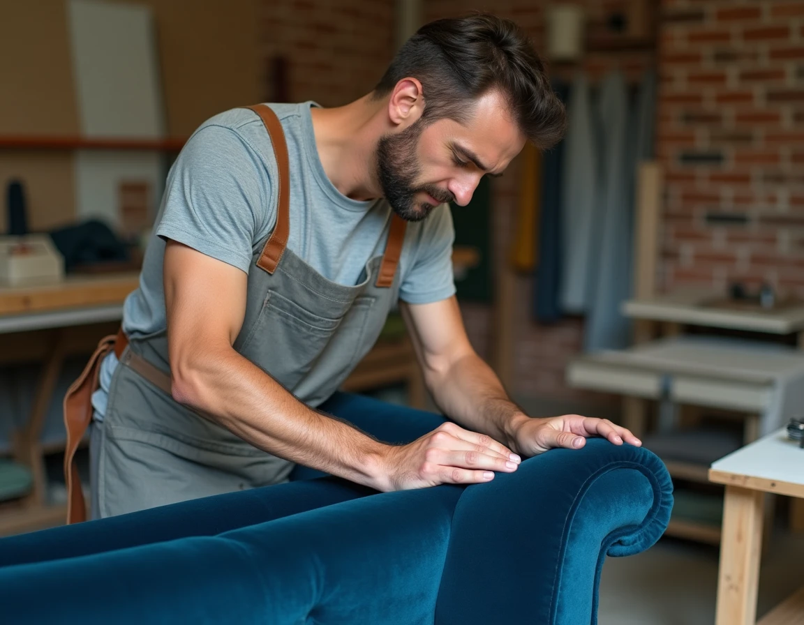 Artisan tapissier SOFFRAN cousant à la main un canapé en velours bleu dans un atelier indépendant, illustrant le savoir-faire artisanal face aux grandes enseignes