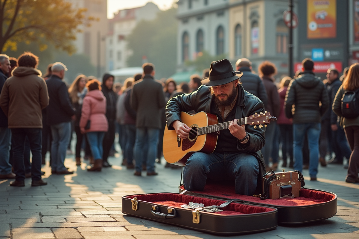 Musicien de rue jouant de la guitare dans une place animée